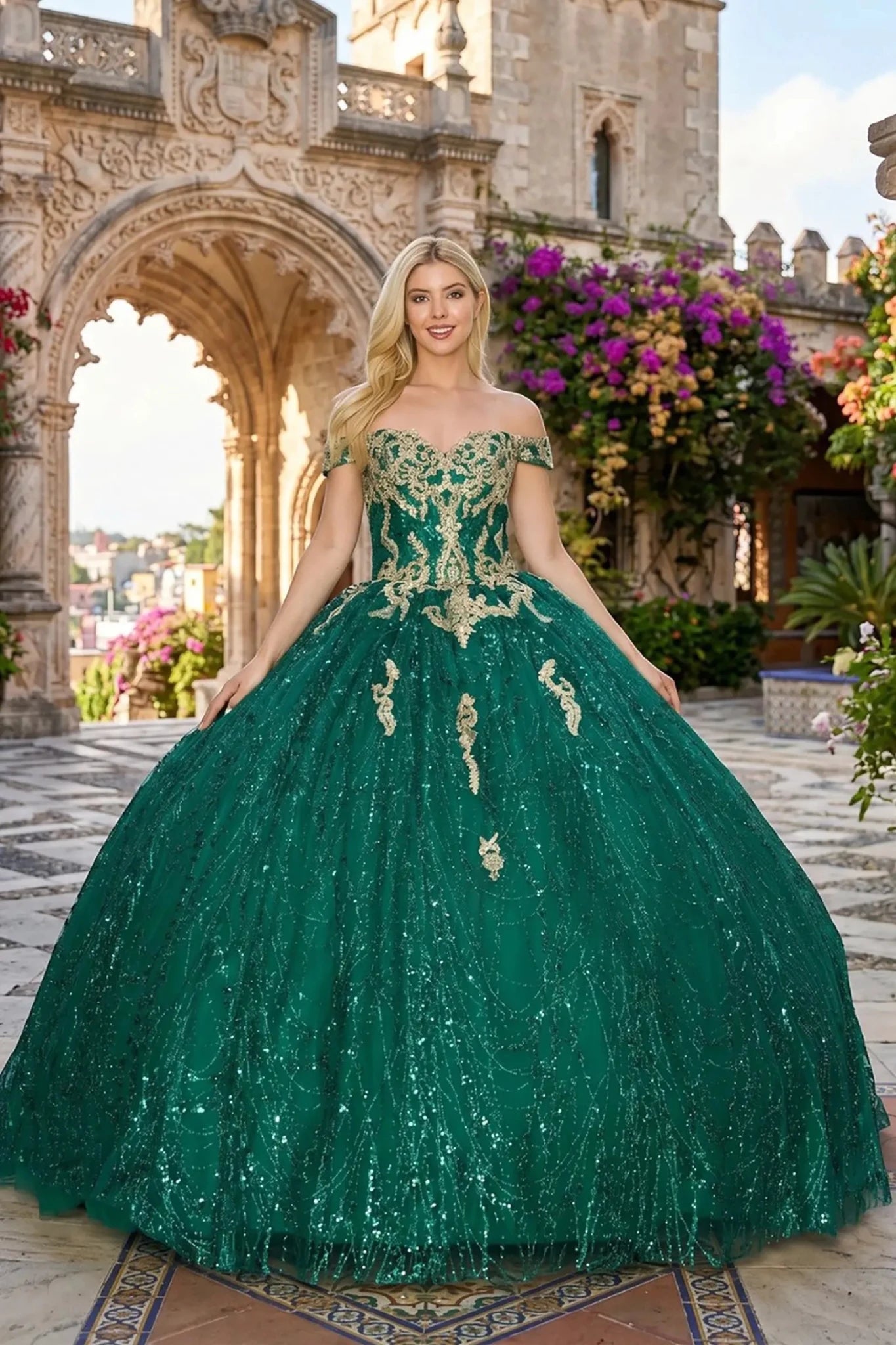 Front view of a woman wearing hunter green quinceanera ball gown with gold embroidery, glitter bodice, and satin skirt