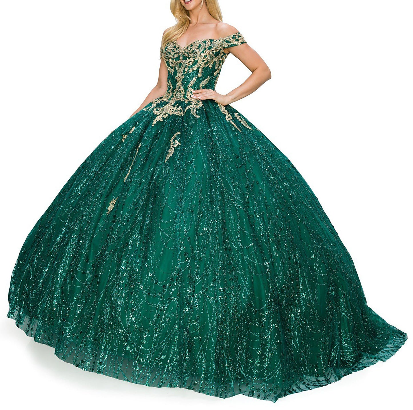 Front view of a woman wearing hunter green quinceanera ball gown with sweetheart neckline, gold embroidery, and glitter bodice
