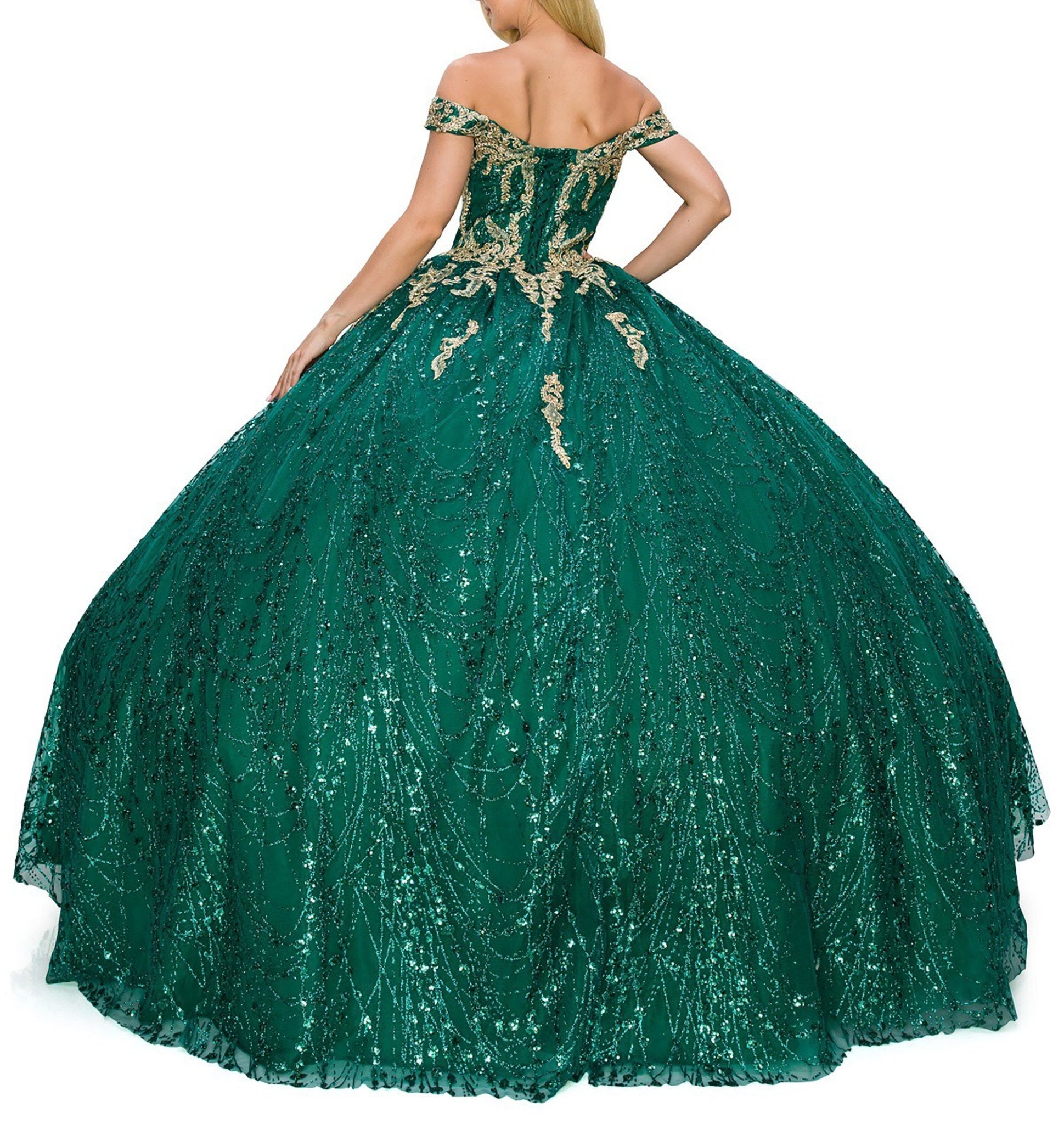 Back view of a woman wearing hunter green quinceanera ball gown with lace-up corset, gold embroidery, and glitter bodice