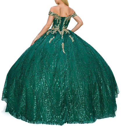 Back view of a woman wearing hunter green quinceanera ball gown with lace-up corset, gold embroidery, and glitter bodice