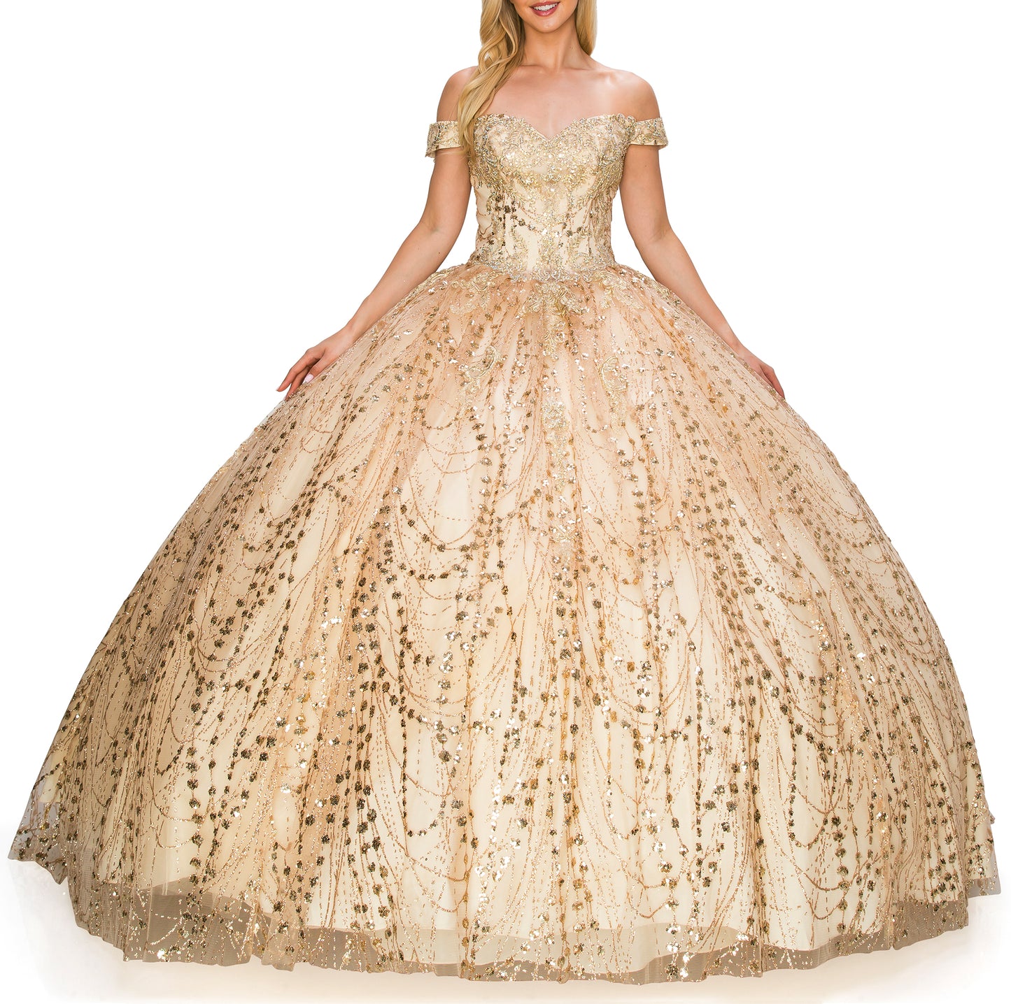 Champagne Quinceanera | Strapless Sweetheart Neckline and Lace-up Glittering Corset Quince ballgown - front view of woman wearing dress