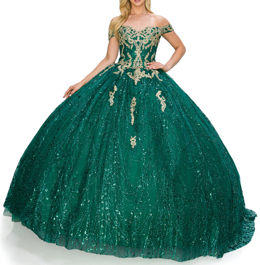 Hunter Green Quinceanera | Strapless Sweetheart Neckline and Lace-up Glittering Corset Quince ballgown - front view of woman wearing dress