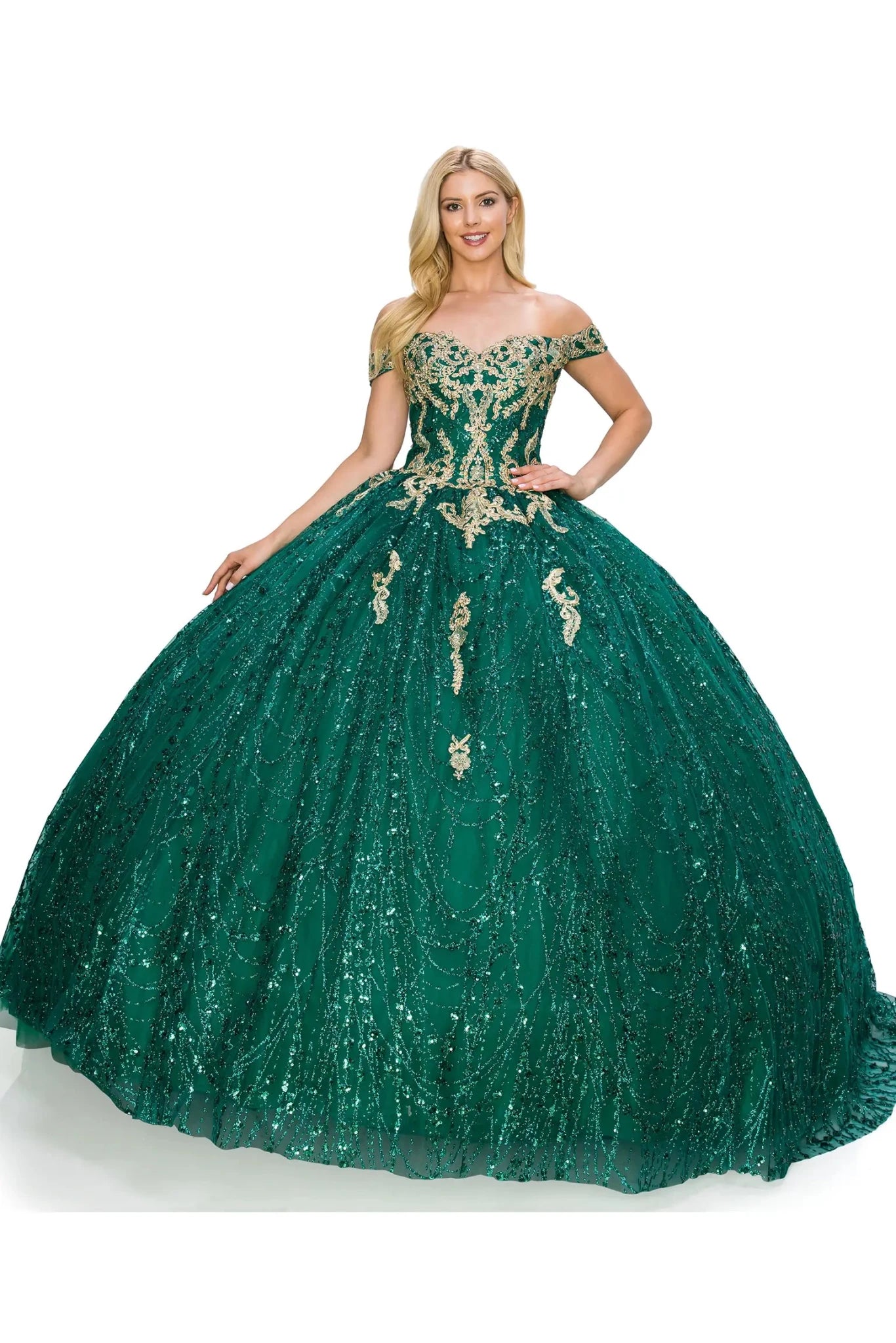 Green sparkly quince ball gown with gold embellishments on a white background