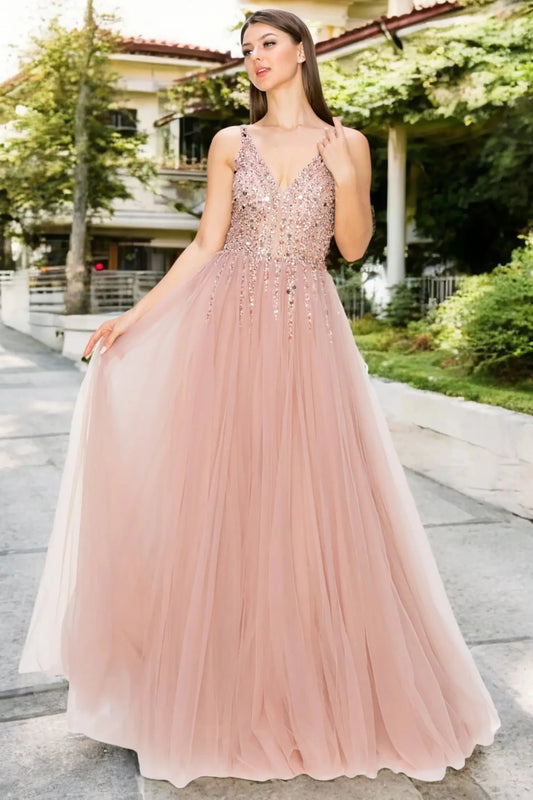 Full front view of a women wearing dusty rose lace evening prom dress with sequin and tulle skirt.