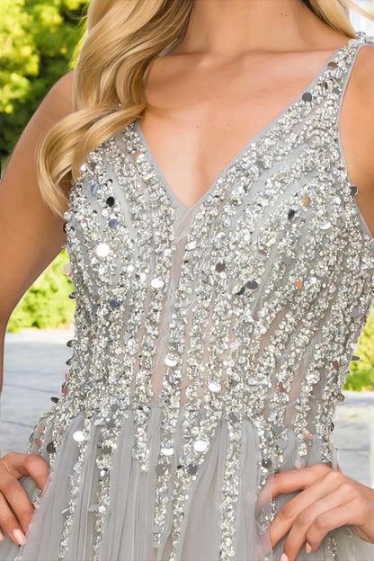 Close-up of silver lace bodice with sequin embellishment.
