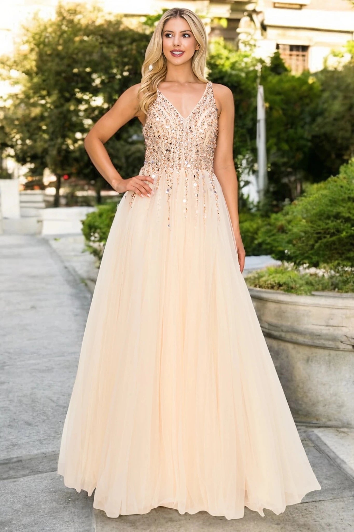Champagne evening dress sequin with tulle skirt