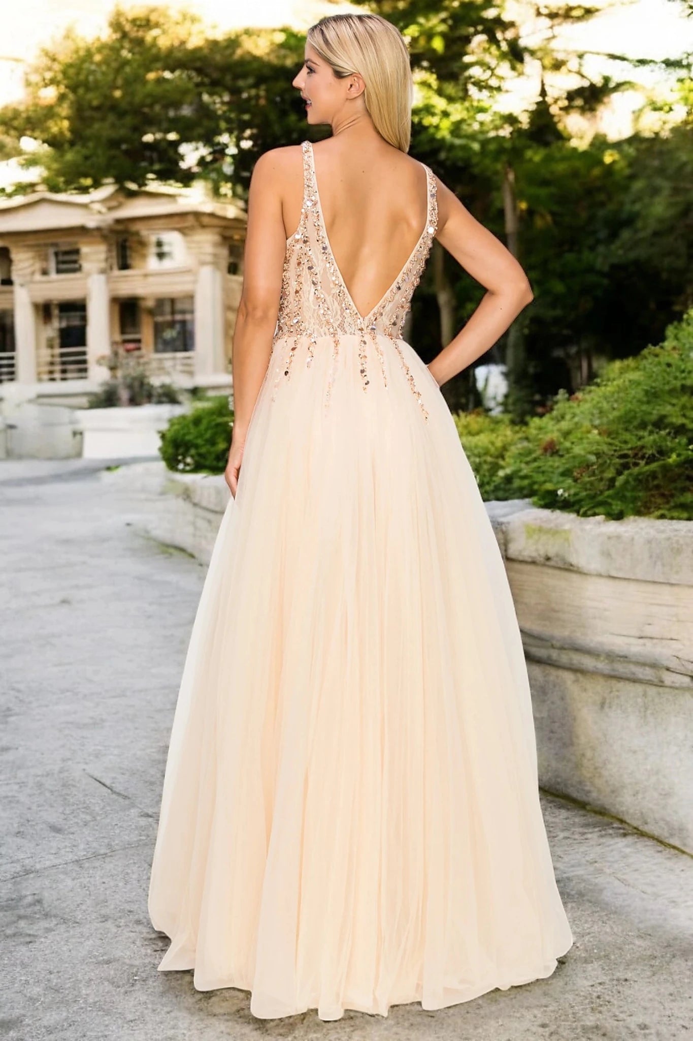 Champagne evening dress with open v-back