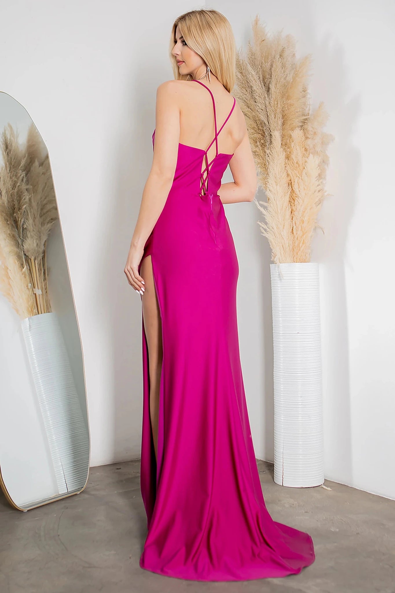 Fuchsia prom dress featuring with lace-up open back