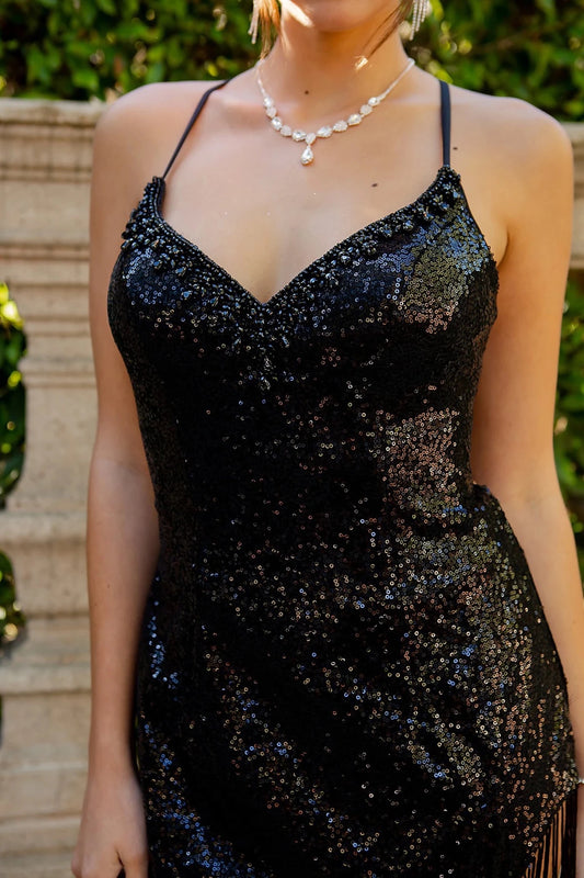 Striking Black Fringe Sheath Prom Dress With Slit