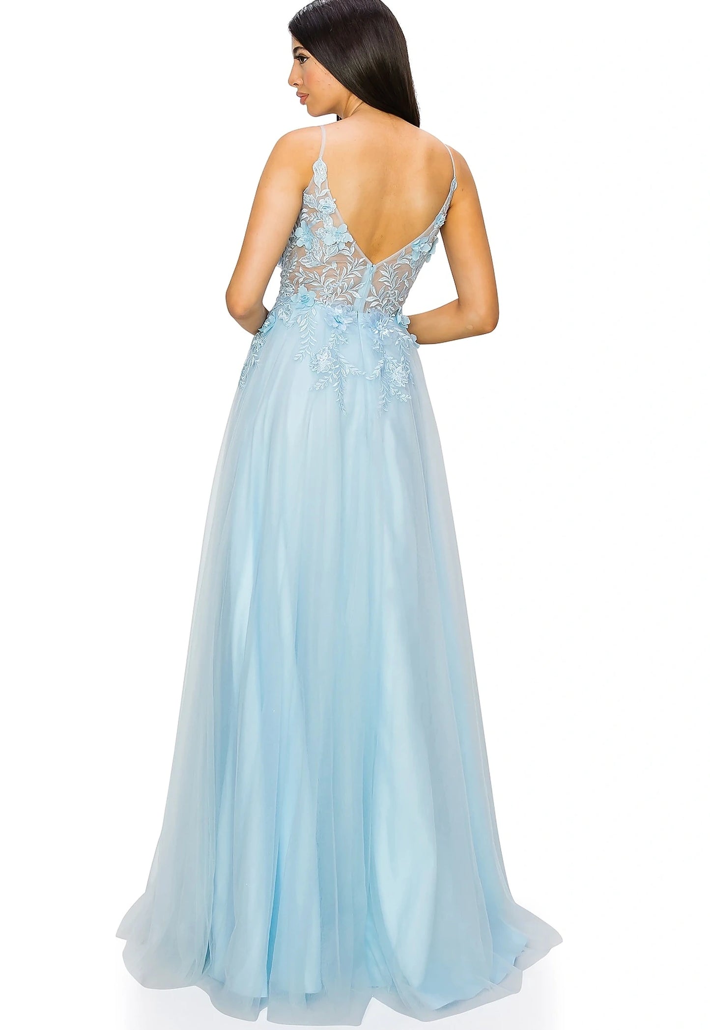 Blue evening dress showcasing central zipper closure for fitted finish