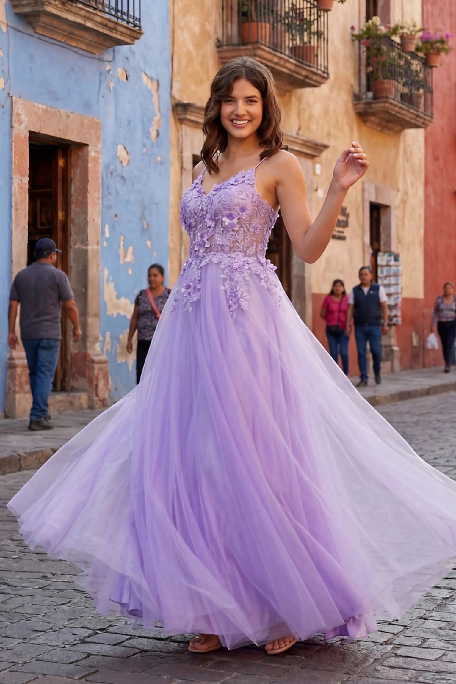 Lilac evening dress with A-line silhouette and spaghetti straps bodice