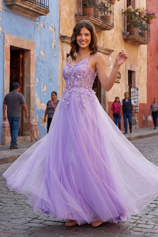 Bodice close-up highlights lilac evening dress with A-line silhouette and spaghetti straps bodice.