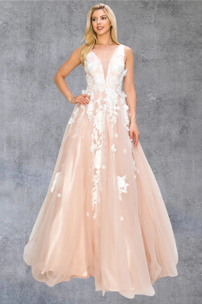 Full front view of a women wearing blush floral lace A-line prom dress with illusion V-neck bodice.