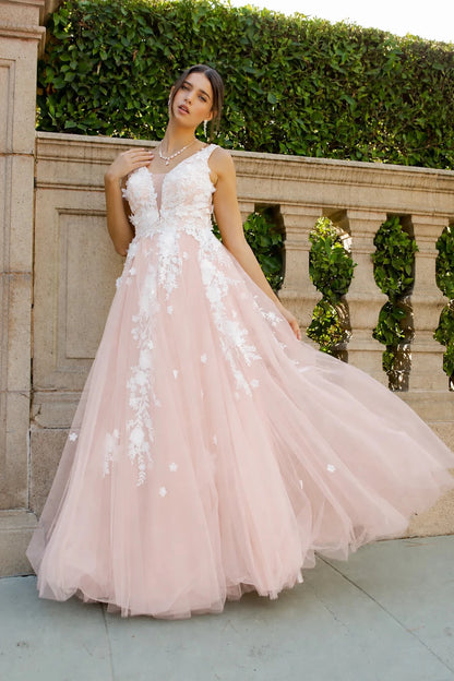 Intricate features stand out across blush evening dress.