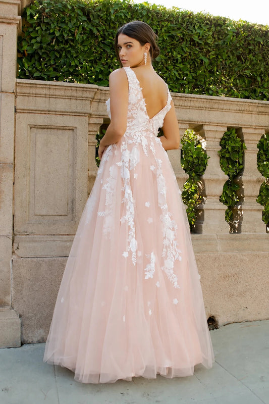 pink tulle gown with white floral applique and v back
