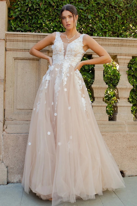 a sleeveless A-line champagne gown with white floral appliqués, deep V-neckline and tulle skirt 