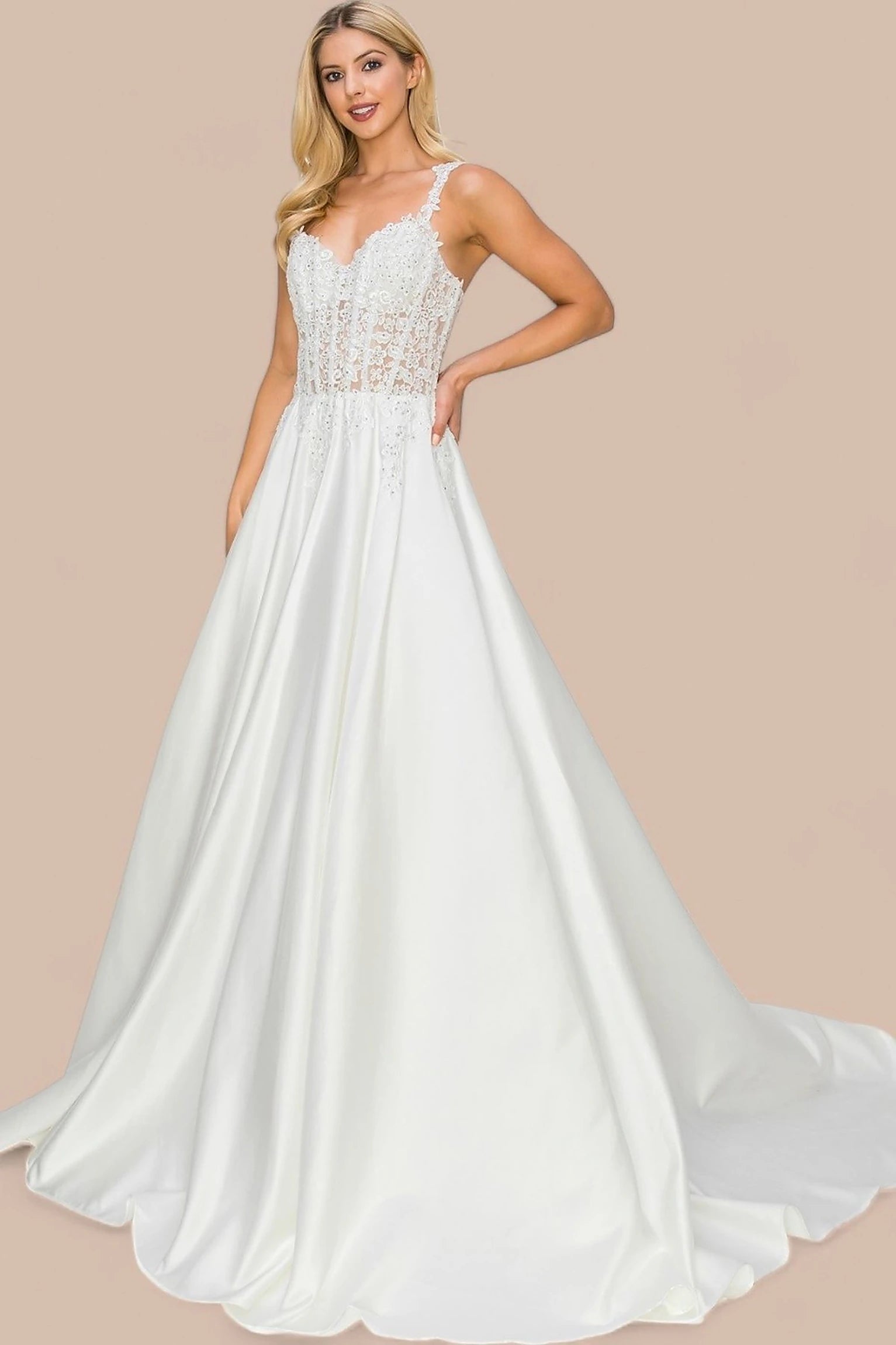 Ivory evening dress with sleeveless satin corset bodice