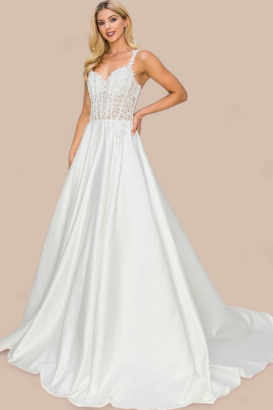 Bodice close-up highlights ivory evening dress with sleeveless satin corset bodice.