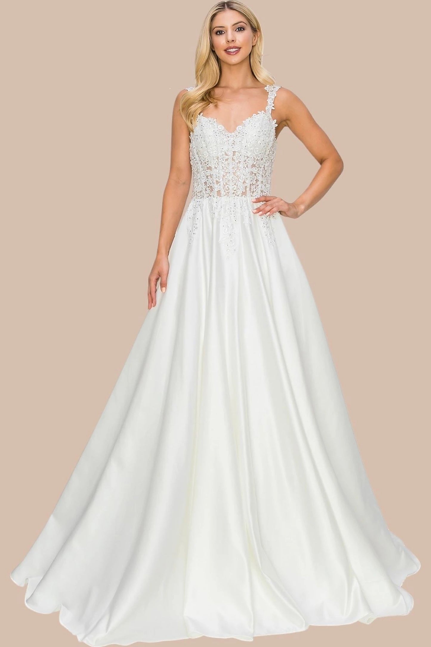 Ivory evening dress showcasing A-line skirt with sweep train