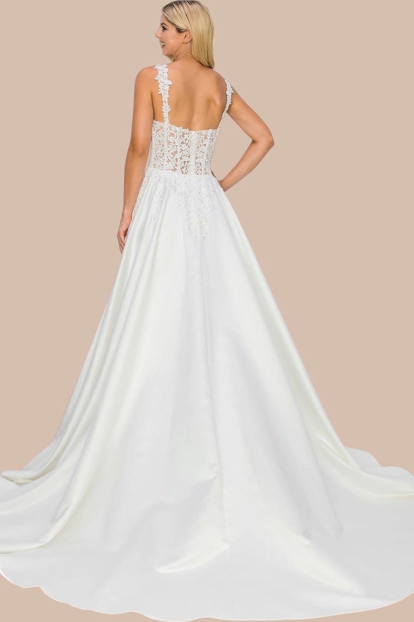 Ivory evening dress completed with zipper back closure for fitted finish