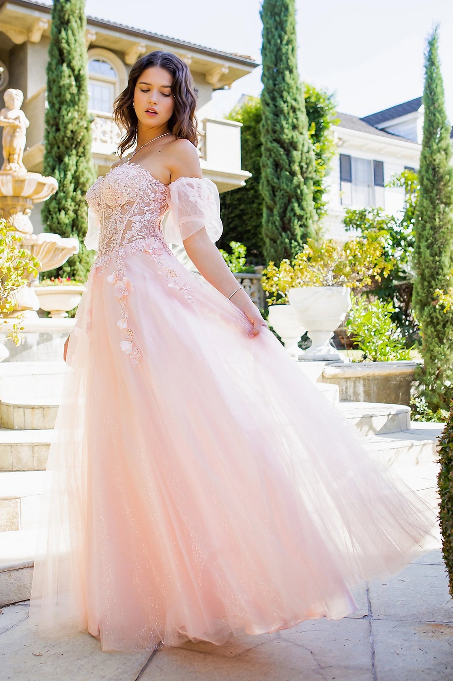 Blush prom dress with corset-fitted bodice and sheer panels
