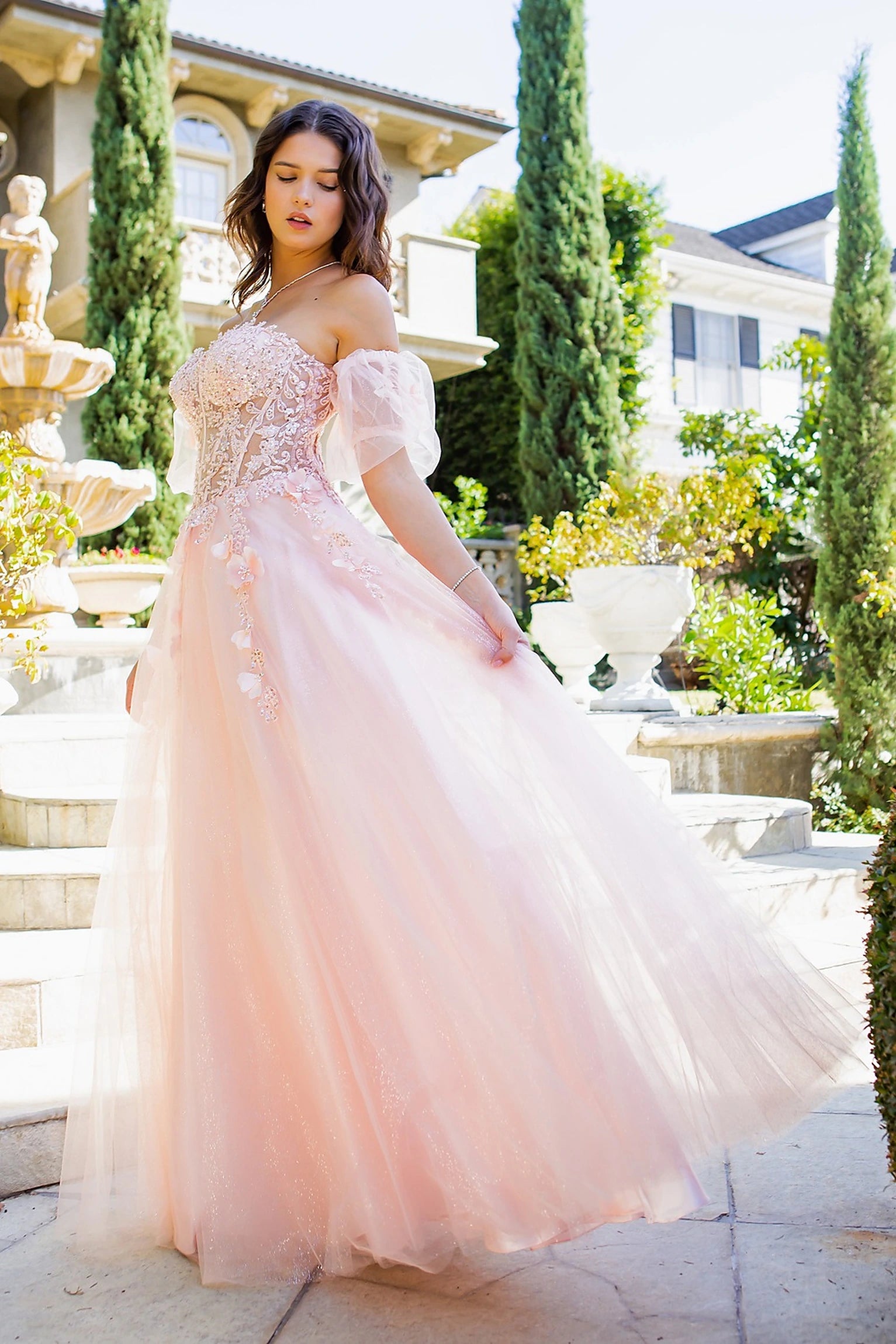 Blush prom dress with corset-fitted bodice and sheer panels