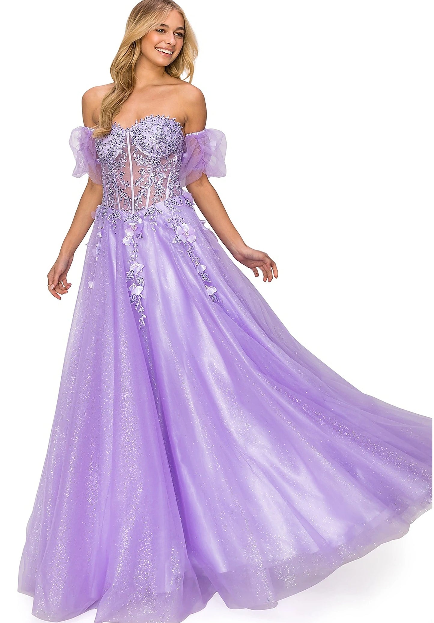 Lilac prom dress with corset-fitted bodice and sheer panels