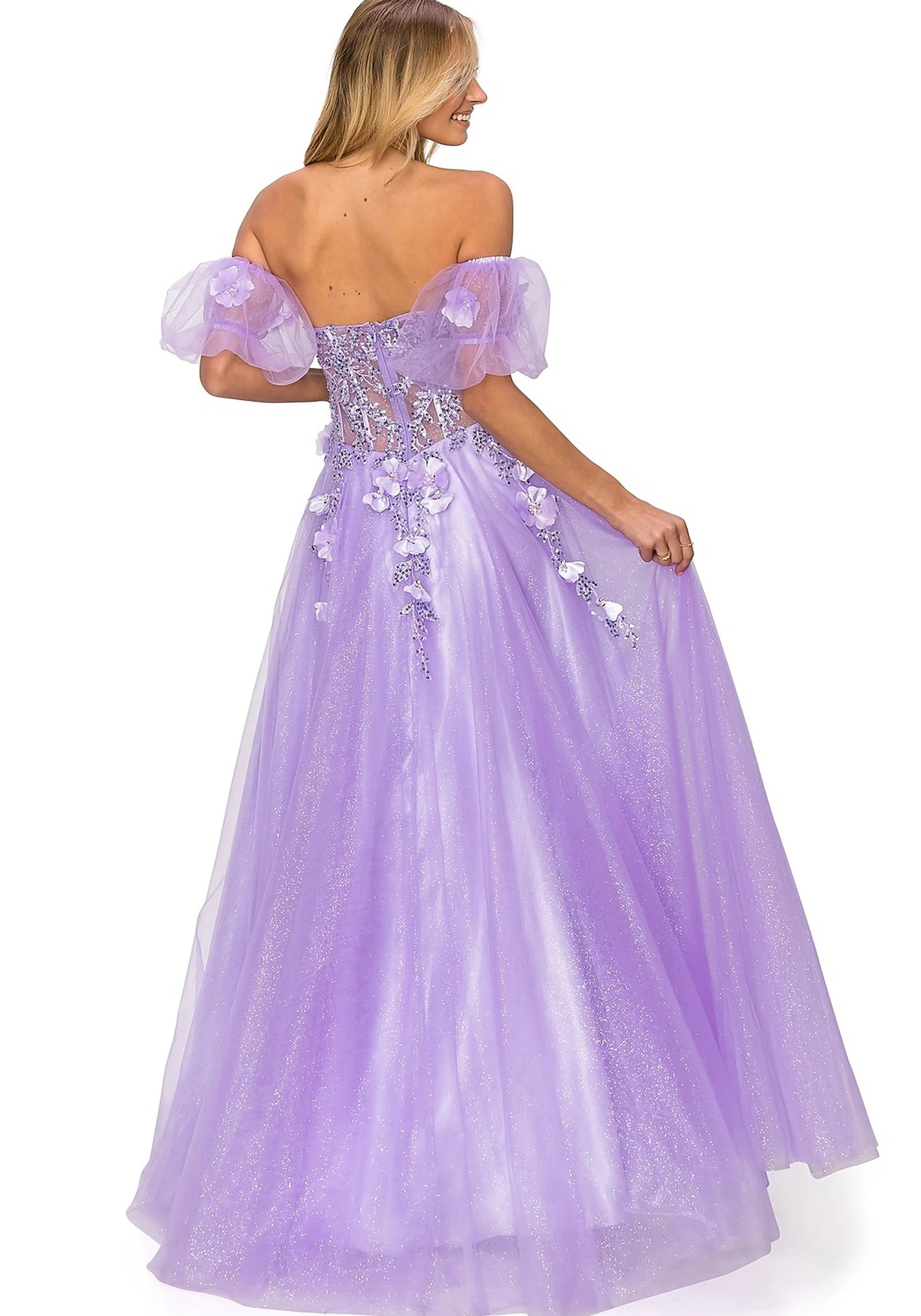 Lilac prom dress completed with zipper back closure for fitted finish