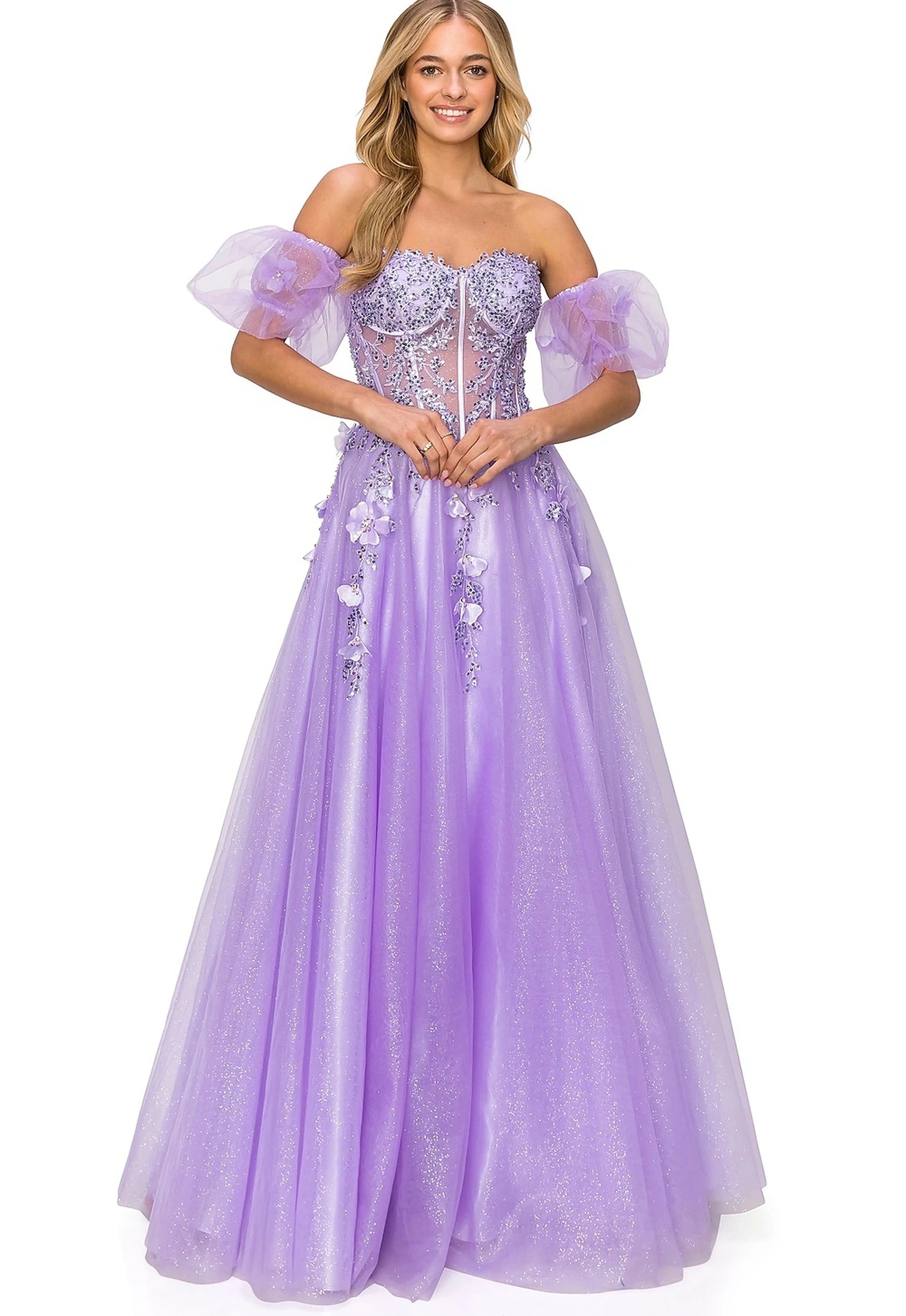 Lilac prom dress showcasing tulle skirt with floor-length silhouette