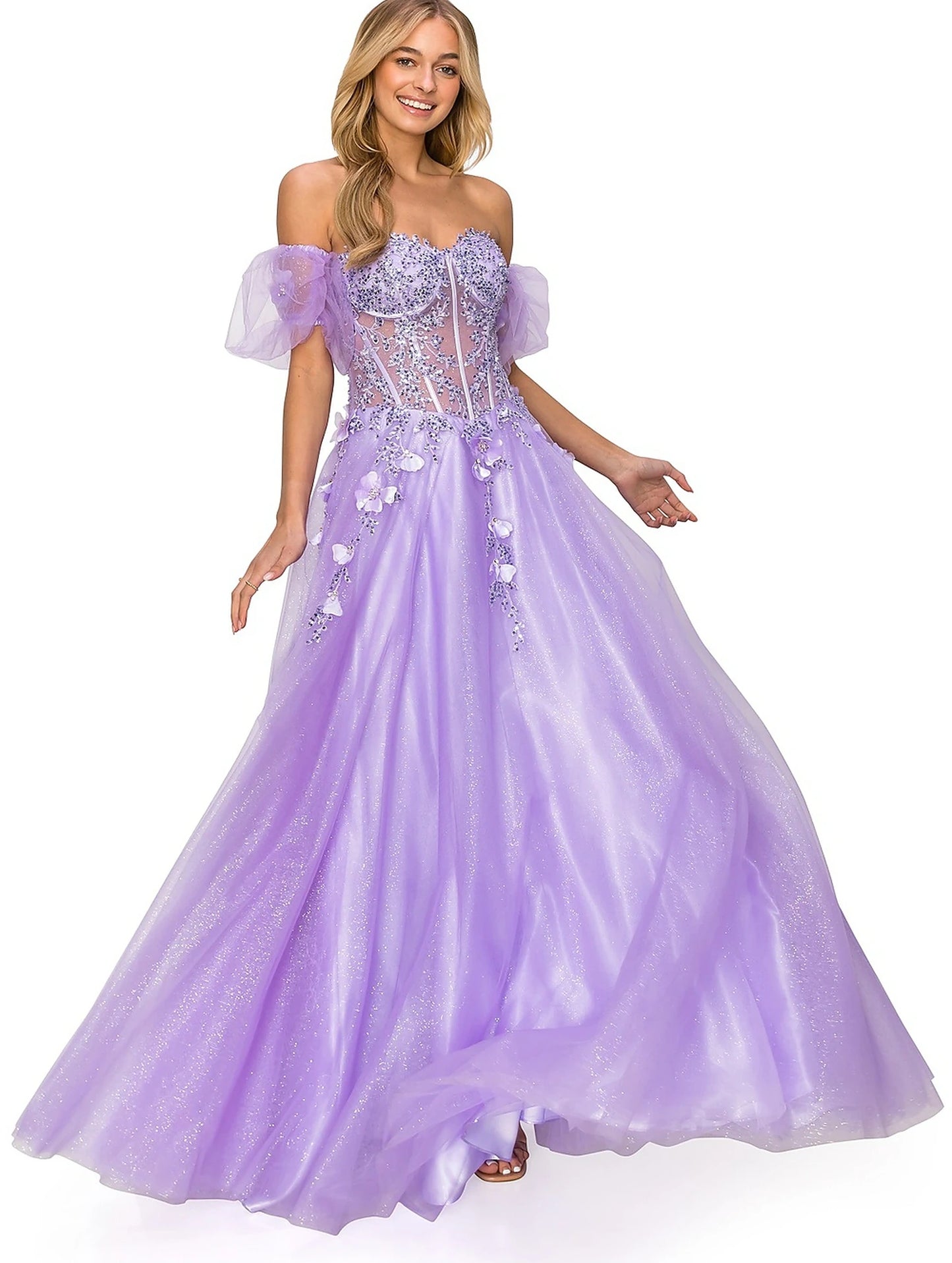 Lilac prom dress styled with elastic cuff bubble sleeves