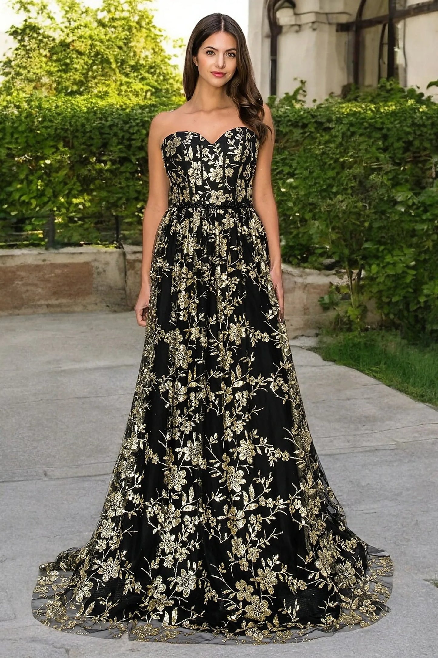 Black evening dress with strapless sweetheart neckline