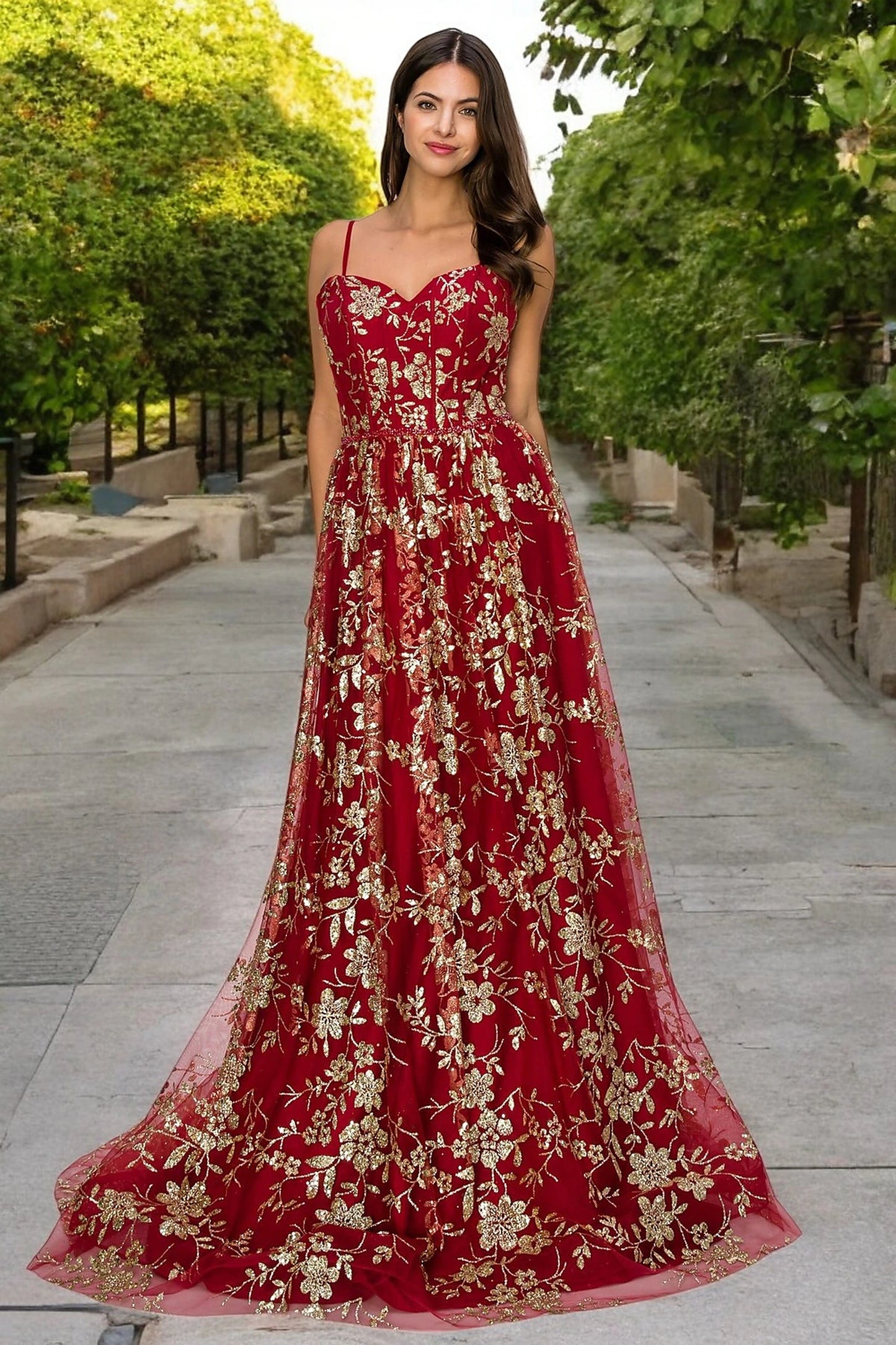 Burgundy evening dress with strapless sweetheart neckline