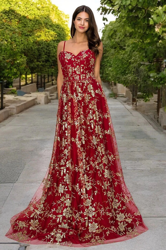 Bodice close-up highlights burgundy evening dress with strapless sweetheart neckline.
