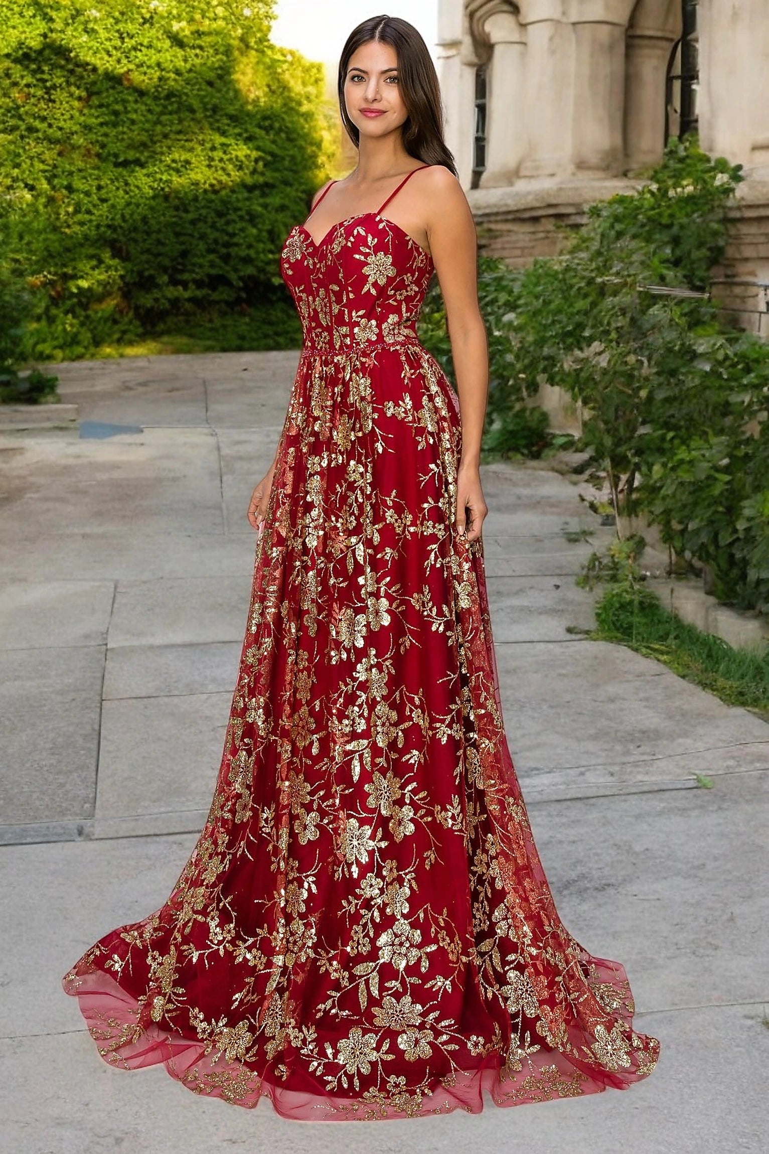 Burgundy evening dress designed with removable spaghetti straps and full lining