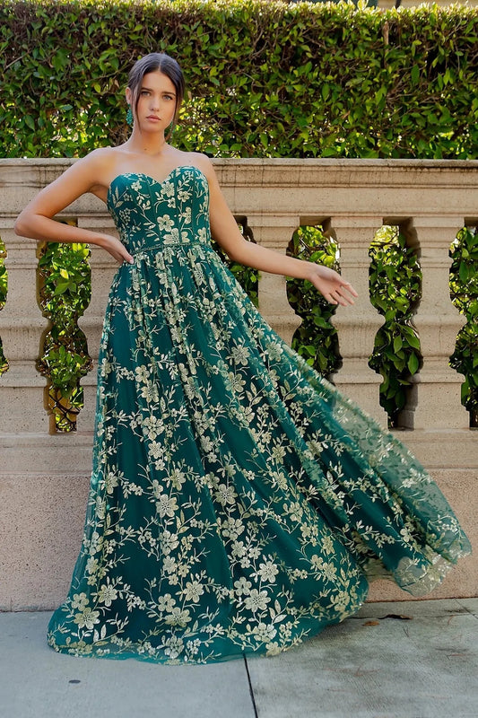 Bodice close-up highlights green evening dress with strapless sweetheart neckline.