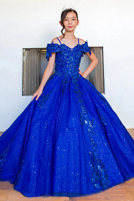 Royal blue front view kids mini quinceañera mini quince dress with sweetheart neckline, 3D floral sequin applique and glitter lace train.