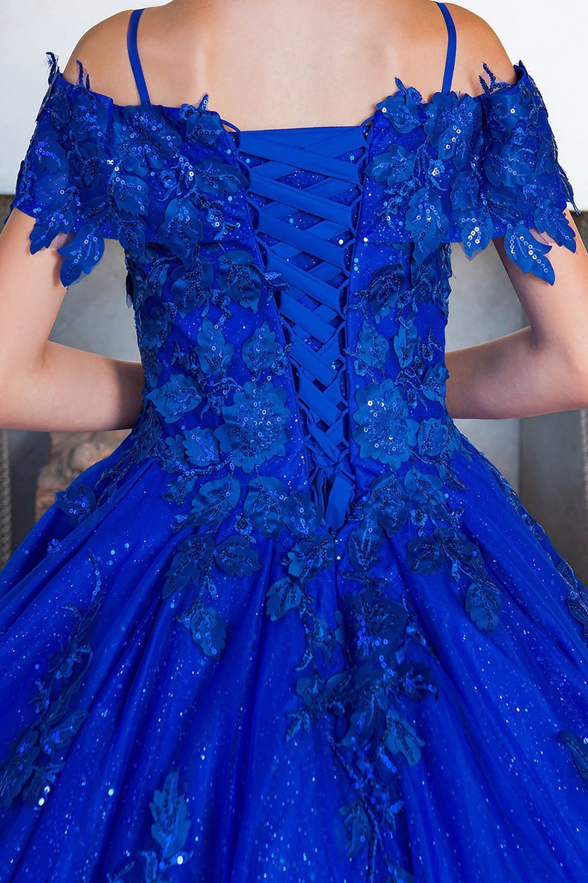 Royal blue back zoom kids mini quinceañera mini quince dress with sweetheart neckline, glitter lace fabric and 3D floral sequin applique.