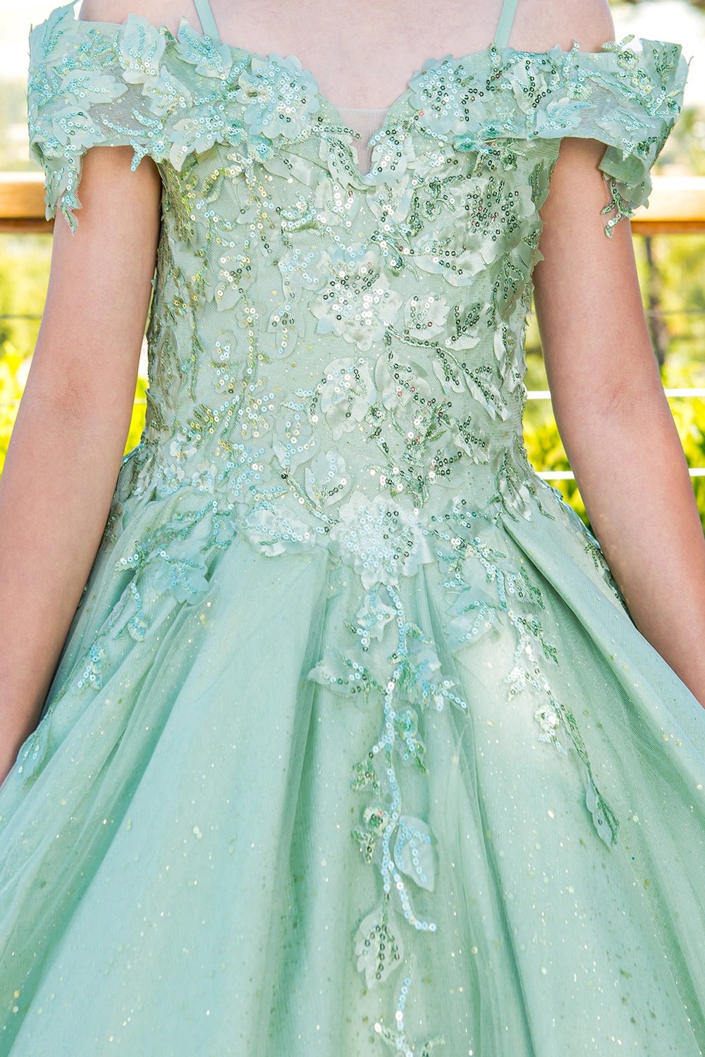 Shown in a bodice detail, the Sage mini quince dress has beaded floral appliques and off-shoulder sleeves.