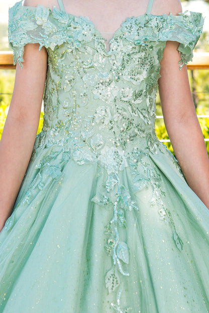 Shown in a bodice detail, the Sage mini quince dress has beaded floral appliques and off-shoulder sleeves.