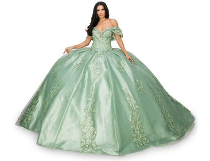 Sage Quinceanera | 3D Floral Sequin Applique Glitter Lace Train Quinceneara ball gown - front view of woman wearing dress with hands at sides