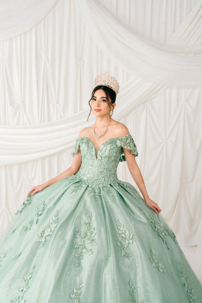 Shown in a full-skirt front view, the Sage quinceañera dress has off-shoulder floral lace bodice and glitter ball skirt.