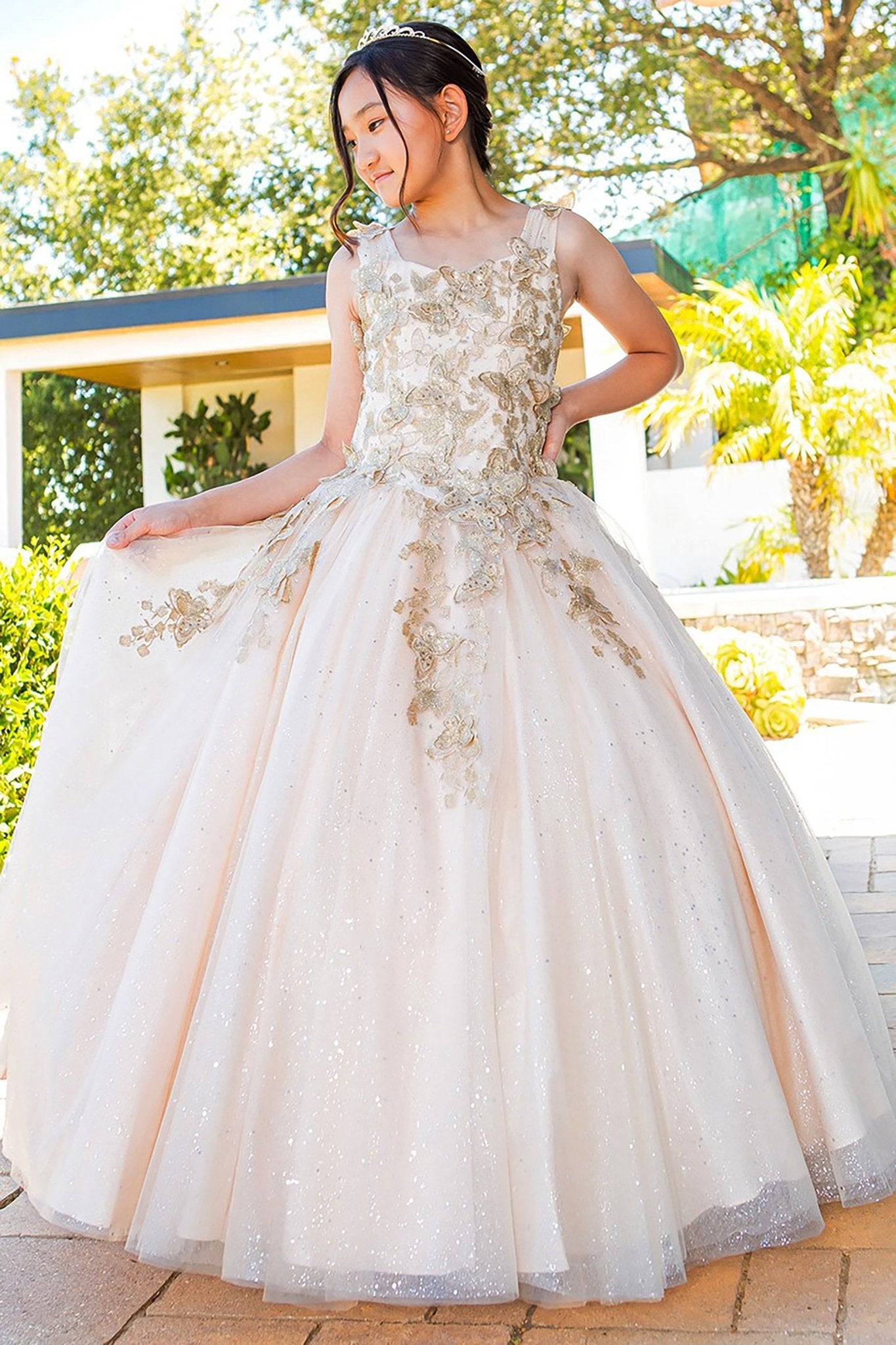 Champagne mini quince dress with metallic 3D butterfly glitter tulle bodice detail.