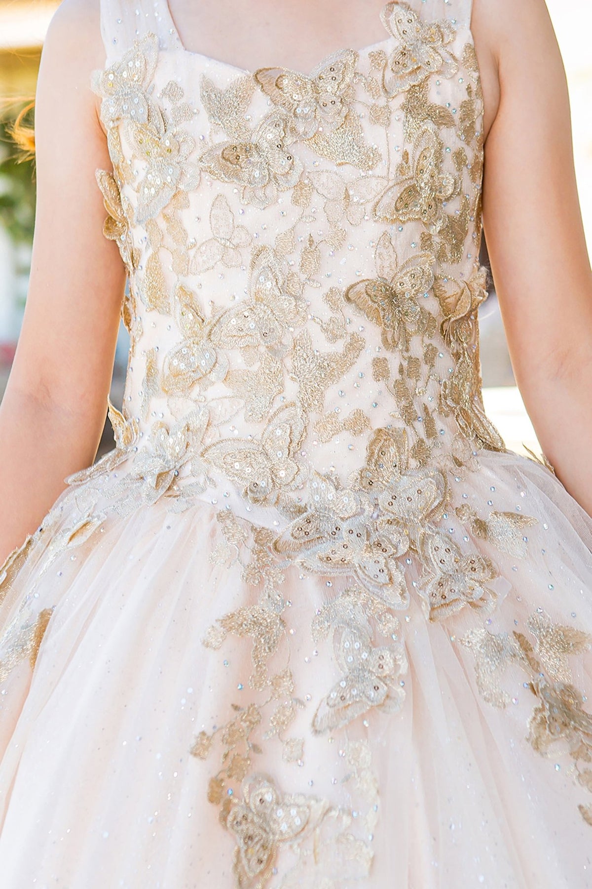 Champagne mini quince dress with metallic 3D butterfly glitter tulle front zoom detail.