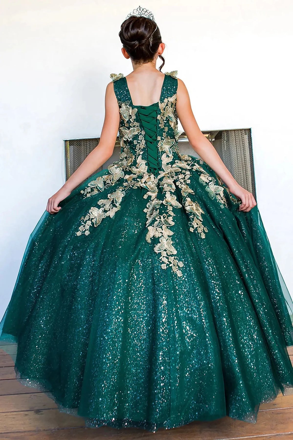 Hunter green mini quince dress with metallic 3D butterfly glitter tulle lace-up back detail.