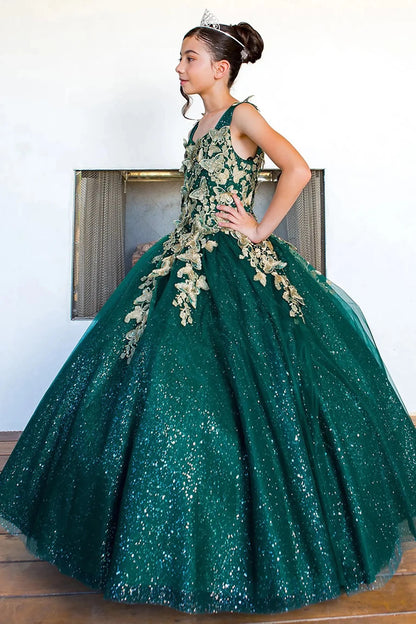 Girl standing three-quarter view in hunter green mini quinceañera ball gown with glitter tulle fabric, metallic embroidered 3D butterflies, and elegant sparkling silhouette