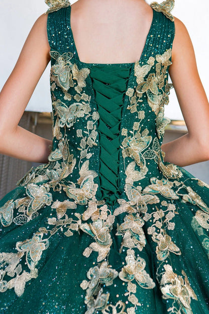 Shown in a back detail, the Hunter Green mini quince dress has lace-up closure framed by gold butterfly and floral appliques.