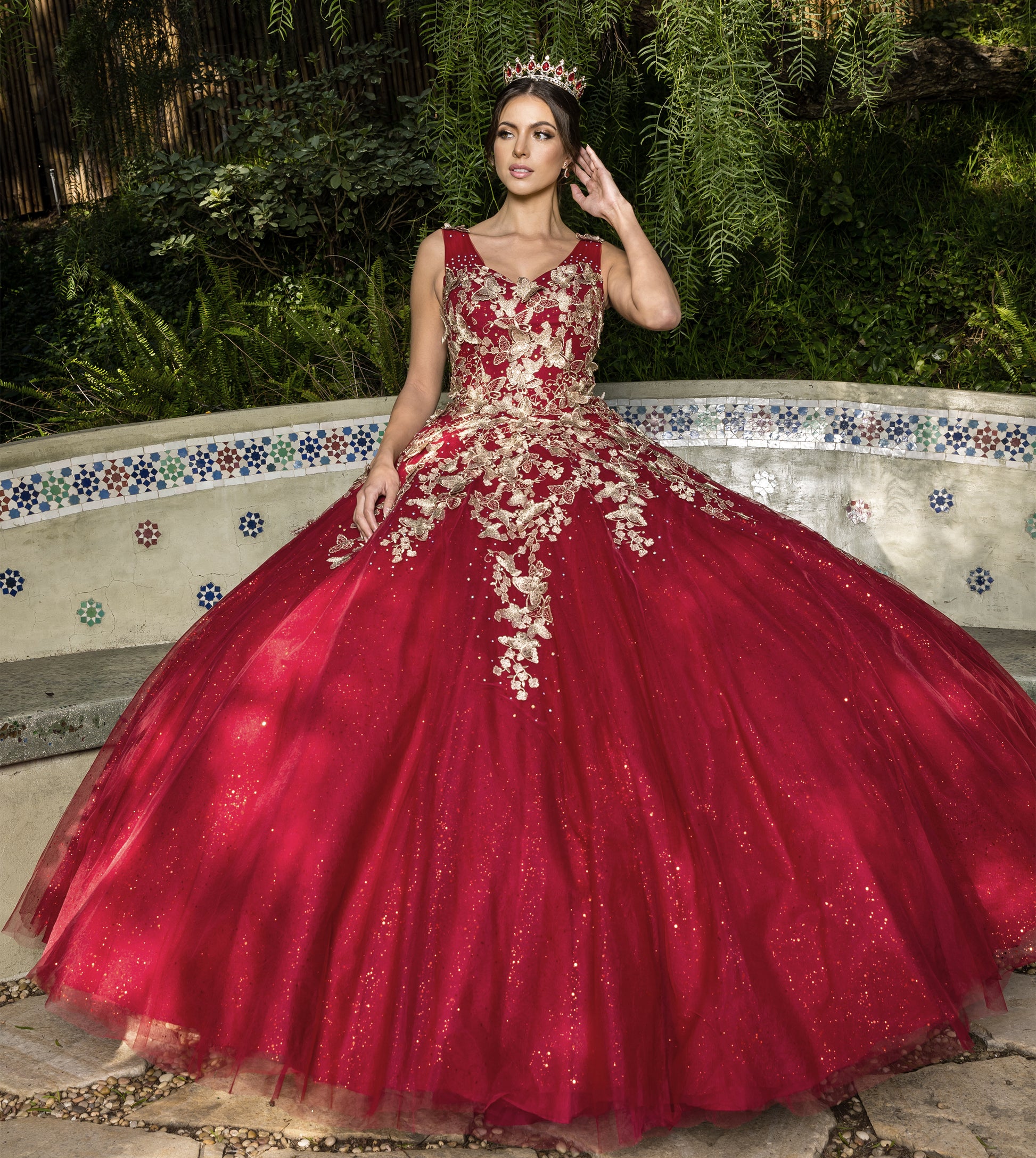 Quinceanera | Burgundy Metallic Embroidered 3D Butterfly on Glitter Tulle Sweet 15 Ball Gown | Natalia dress | 3 Colors front