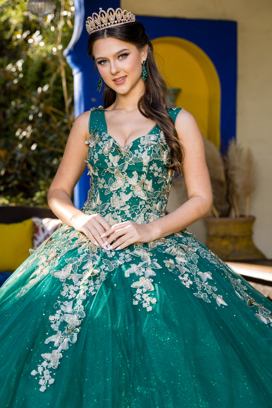 Quinceanera | Hunter Green Metallic Embroidered 3D Butterfly on Glitter Tulle Sweet 15 Ball Gown | Natalia dress | 3 Colors front zoom