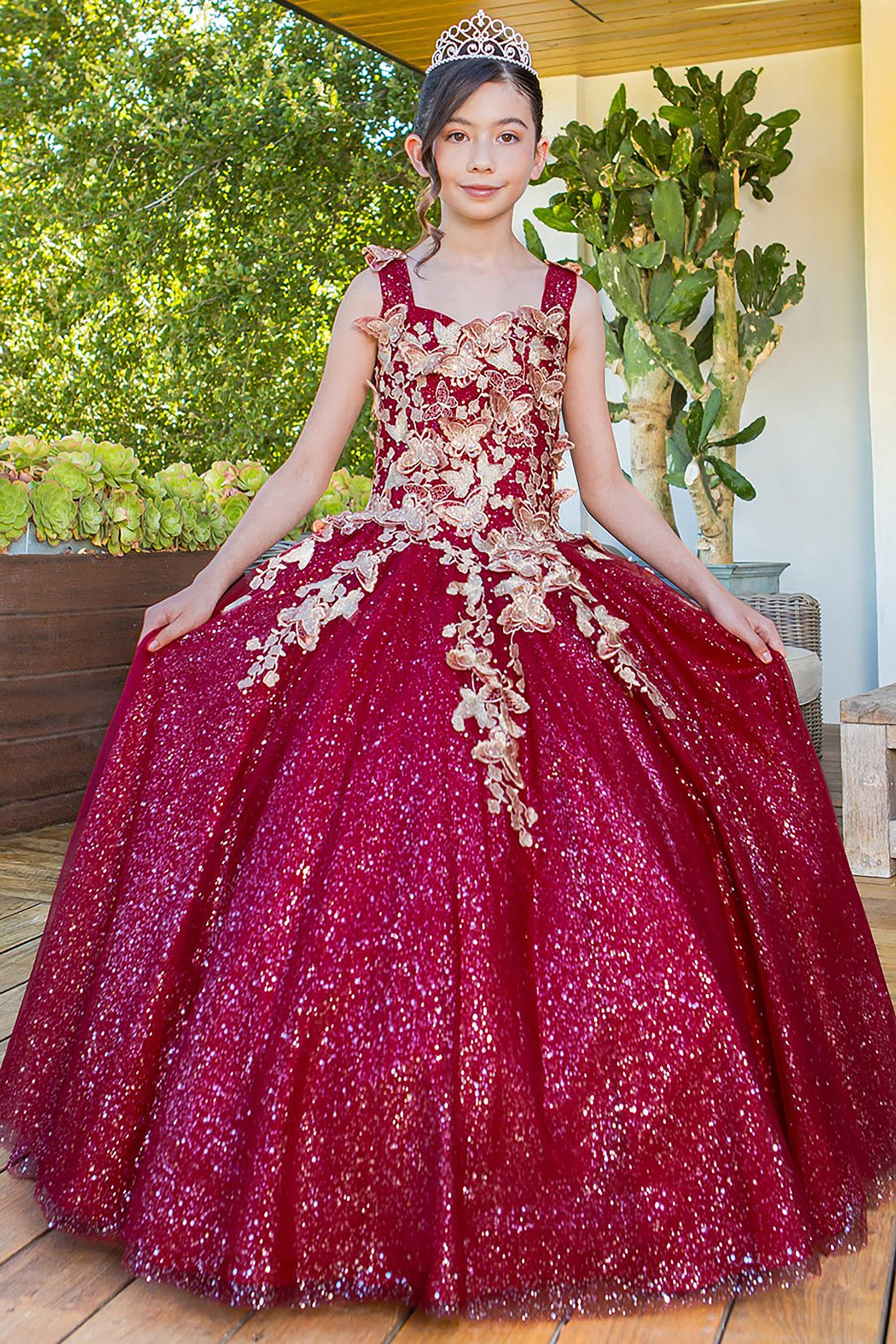 Mini Quince | Burgundy Metallic Embroidered 3D Butterfly on Glitter Tulle Mini Quinceanera 3 Anos Ballgown| Natalia dress | 3 Colors  front