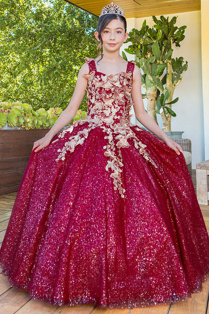 Mini Quince | Burgundy Metallic Embroidered 3D Butterfly on Glitter Tulle Mini Quinceanera 3 Anos Ballgown| Natalia dress | 3 Colors  front